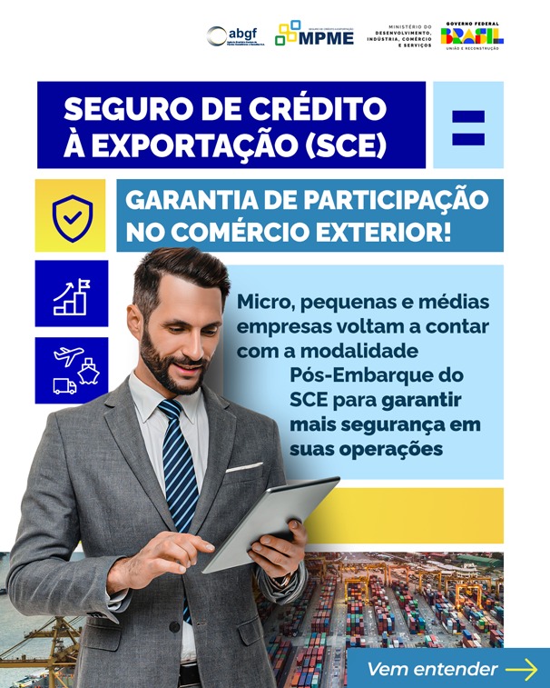 📢 MPMEs agora têm mais facilidade e proteção para exportar! 🚀 O Seguro de Crédito à Exportação (SCE) Pós-Embarque está de volta e protege as empresas contra inadimplência, falências e crises políticas no exterior. 💼 Ideal para micro, pequenas e médias empresas que querem crescer no comércio internacional com mais segurança. 📩 Saiba mais e proteja suas exportações agora: www.abgf.gov.br 🔄 Compartilhe essa novidade!